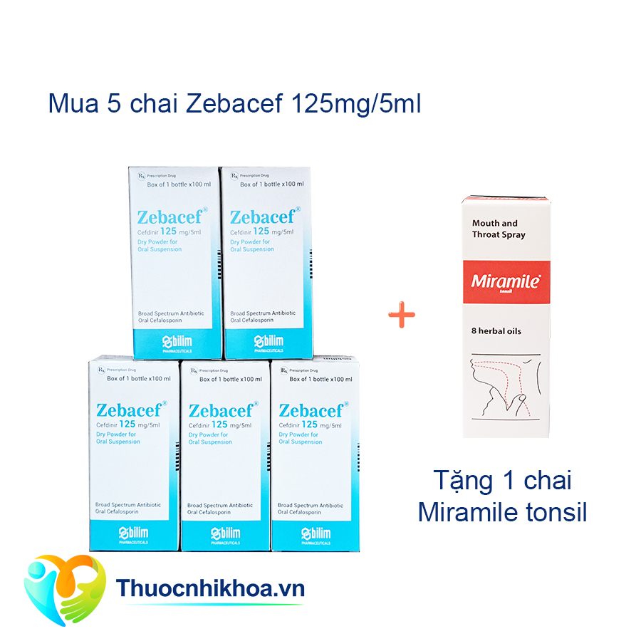 Zebacef 125mg/5ml - Combo mua 5 chai Zebacef tặng 1 chai Miramile Tonsil